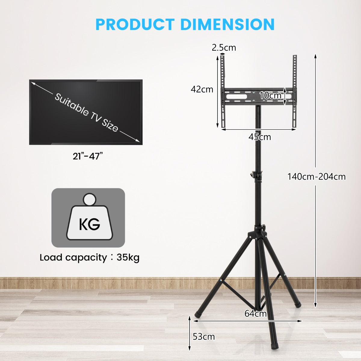 Height Adjustable TV Stand with 35 KG Weight Capacity and Non-slip Foot Pad