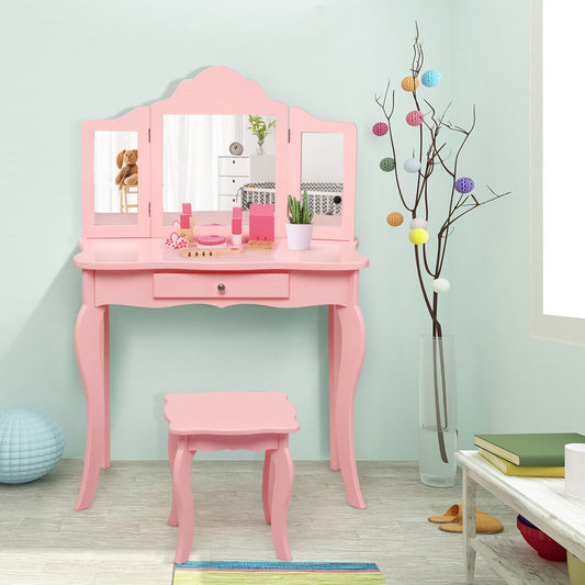 Kids Wooden Vanity Table and Stool Set with Detachable Top Folding Mirrors-Pink