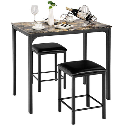 3 Piece Dining Table Set with 2 Faux Leather Backless Stools-Black