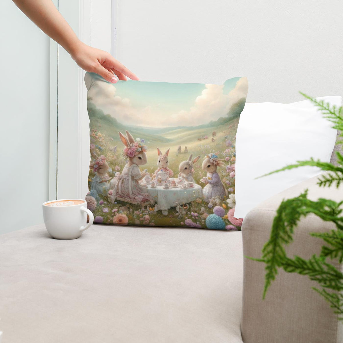 Rabbits' Tea Party Cotton Cushion