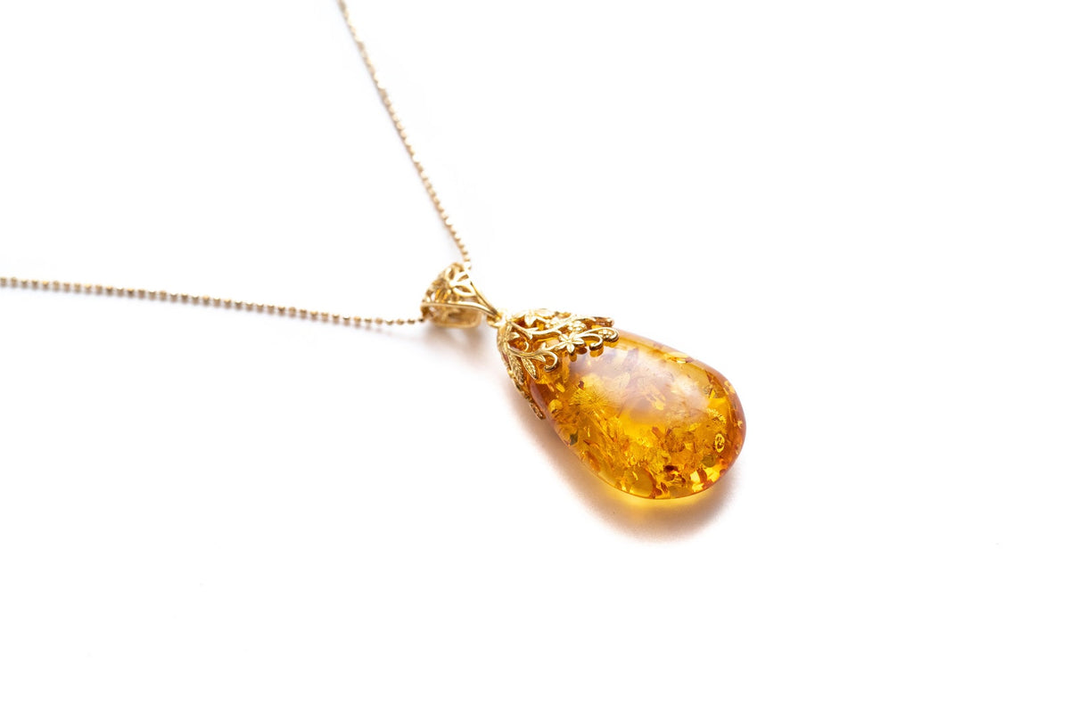 Gold Floral Accent Amber Droplet Pendant