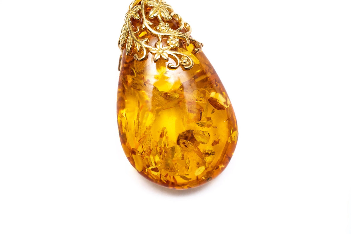 Gold Floral Accent Amber Droplet Pendant
