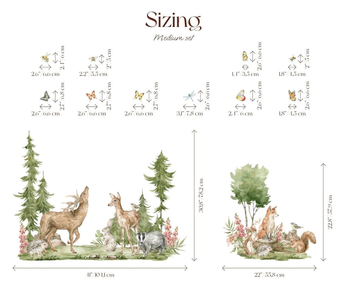 Forest Animals Wall Decals | Stag, Fox & Tall Pine Trees | Watercolour Nursery Set