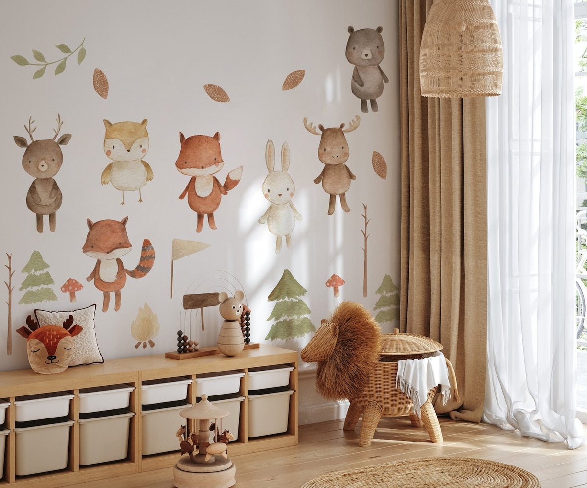 Forest Animals Nursery Wall Decal | Woodland Nursery Decal | Watercolour Bear, Deer, Owl, Fox, Rabbit Stickers | Peel and Stick Wall Decal