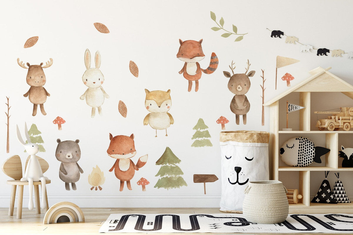 Forest Animals Nursery Wall Decal | Woodland Nursery Decal | Watercolour Bear, Deer, Owl, Fox, Rabbit Stickers | Peel and Stick Wall Decal