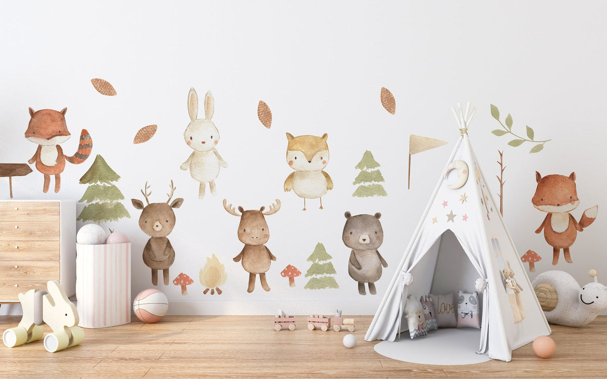 Forest Animals Nursery Wall Decal | Woodland Nursery Decal | Watercolour Bear, Deer, Owl, Fox, Rabbit Stickers | Peel and Stick Wall Decal