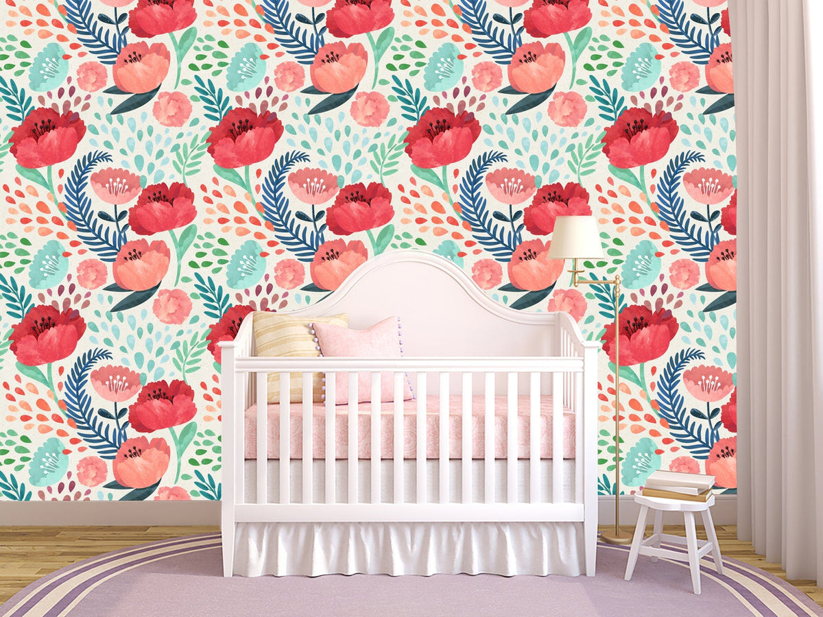 Poppy watercolor nursery wallpaper Peel and Stick | Wonderwallsboutique