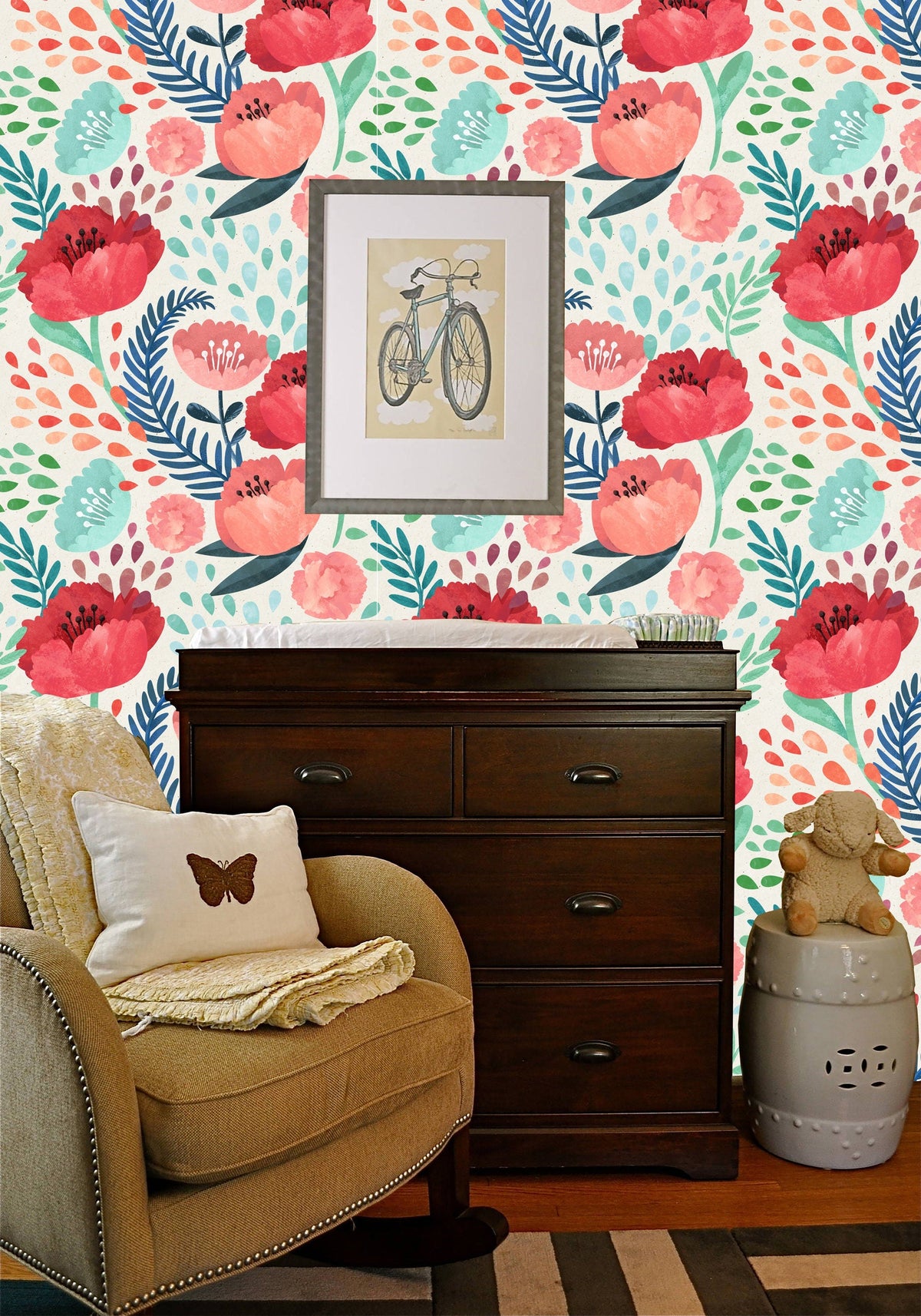Poppy watercolor nursery wallpaper Peel and Stick | Wonderwallsboutique