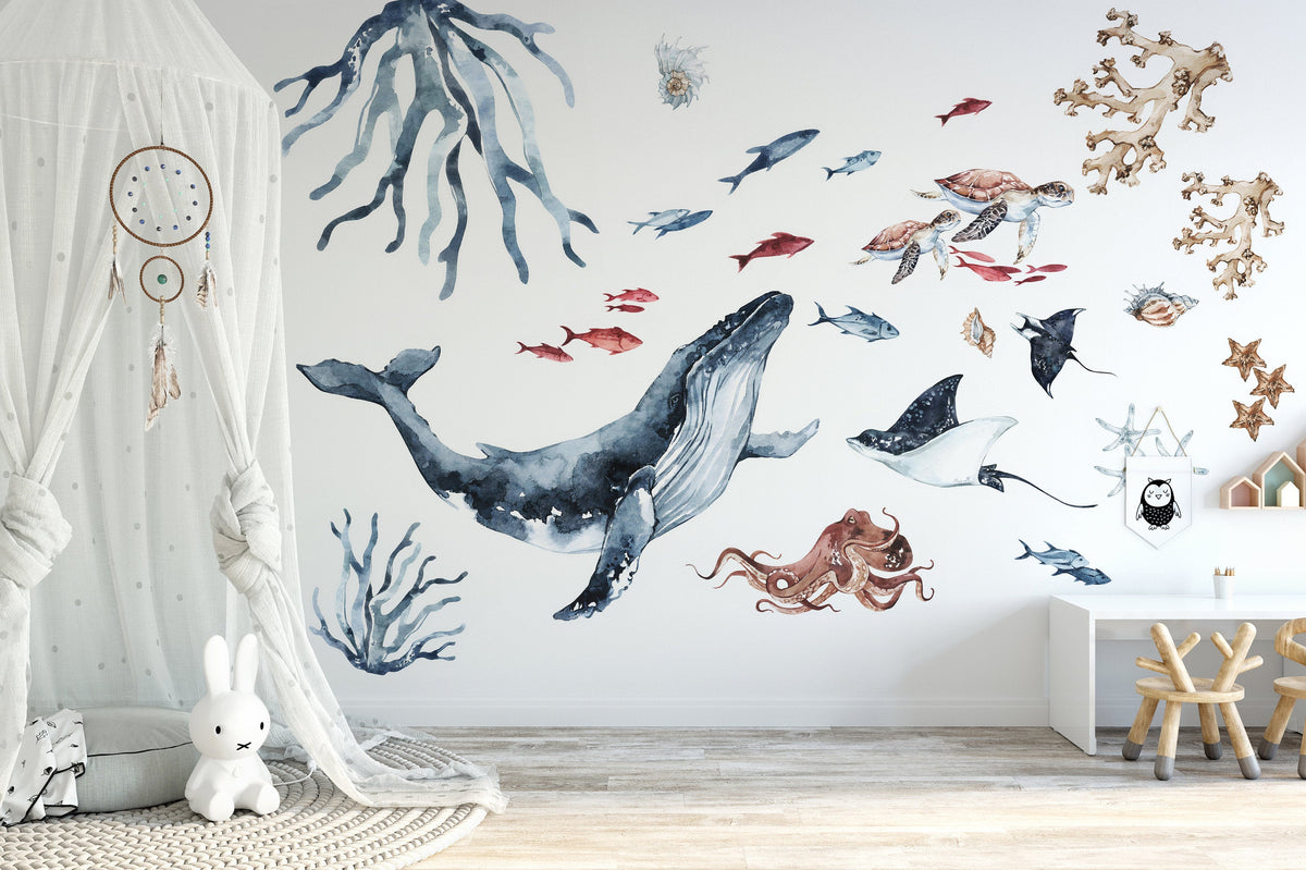 Sea World Wall Decal, Watercolor Decal Set, nursery, Peel and stick, Nursery wall sticker