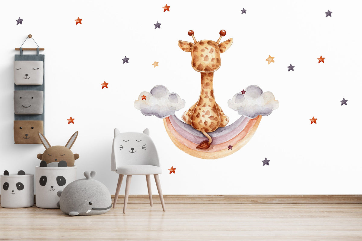 Giraffe on the Rainbow Clouds Wall Decal Children's Room Wall Sticker Sticker Sticker with Stars Crescent Elephant Baby Room