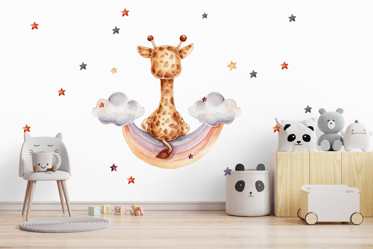 Giraffe on the Rainbow Clouds Wall Decal Children's Room Wall Sticker Sticker Sticker with Stars Crescent Elephant Baby Room