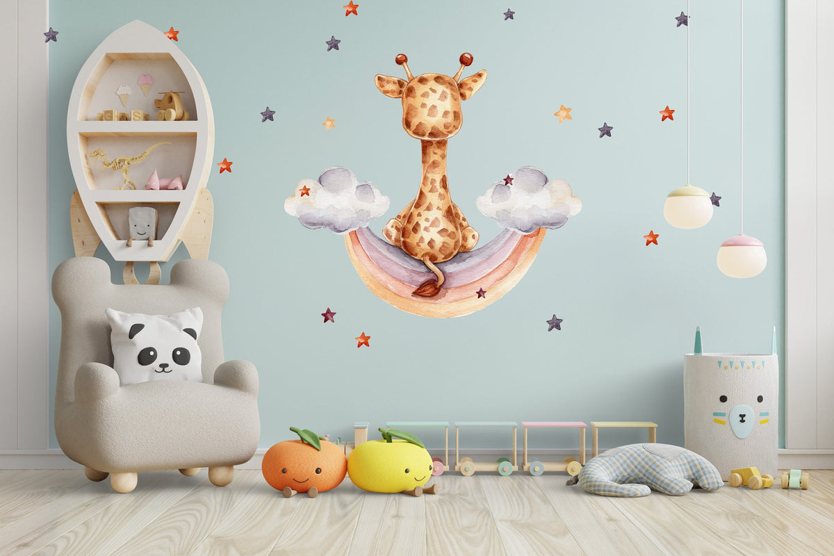 Giraffe on the Rainbow Clouds Wall Decal Children's Room Wall Sticker Sticker Sticker with Stars Crescent Elephant Baby Room