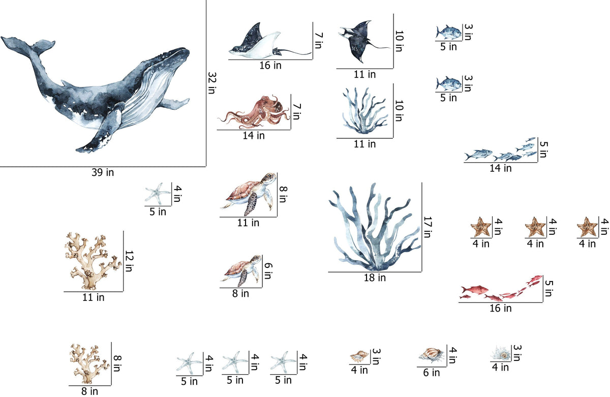 Sea World Wall Decal, Watercolor Decal Set, nursery, Peel and stick, Nursery wall sticker