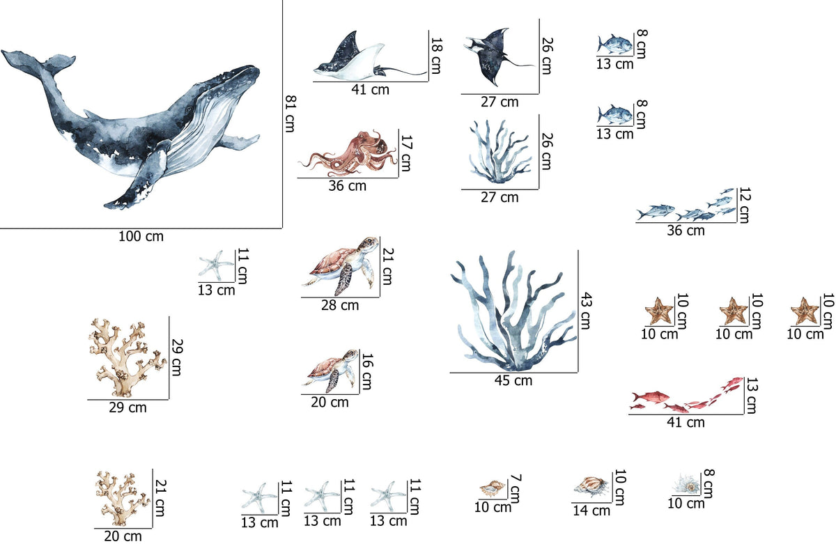 Sea World Wall Decal, Watercolor Decal Set, nursery, Peel and stick, Nursery wall sticker