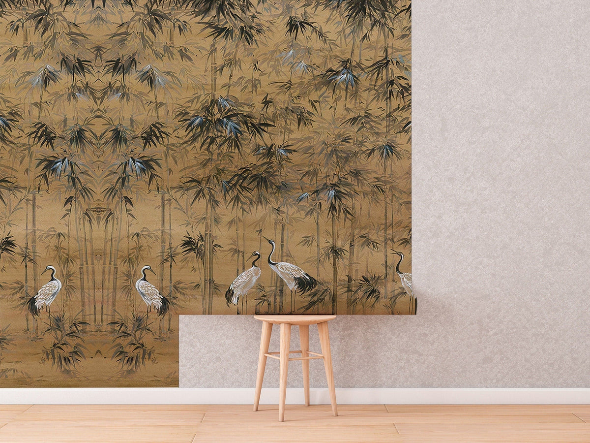 Crane Bird And Monstera Leaves Wallpaper Peel and Stick | Wonderwallsboutique