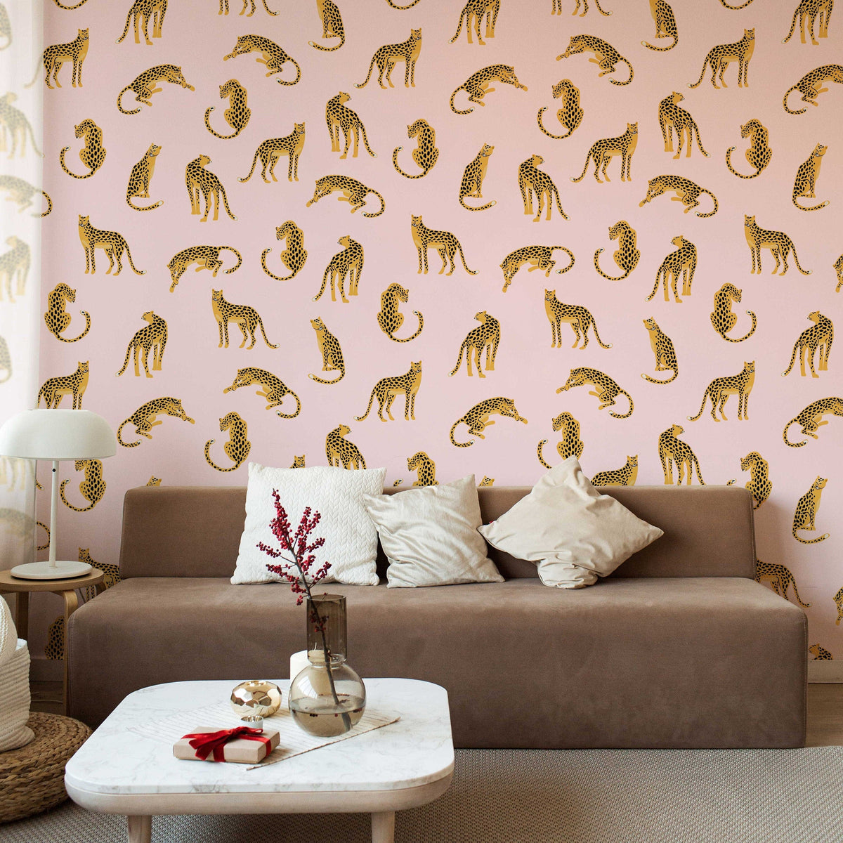 Leopards on Pink Background Wallpaper | Tropical Animal Wall Covering | Peel and Stick or Traditional