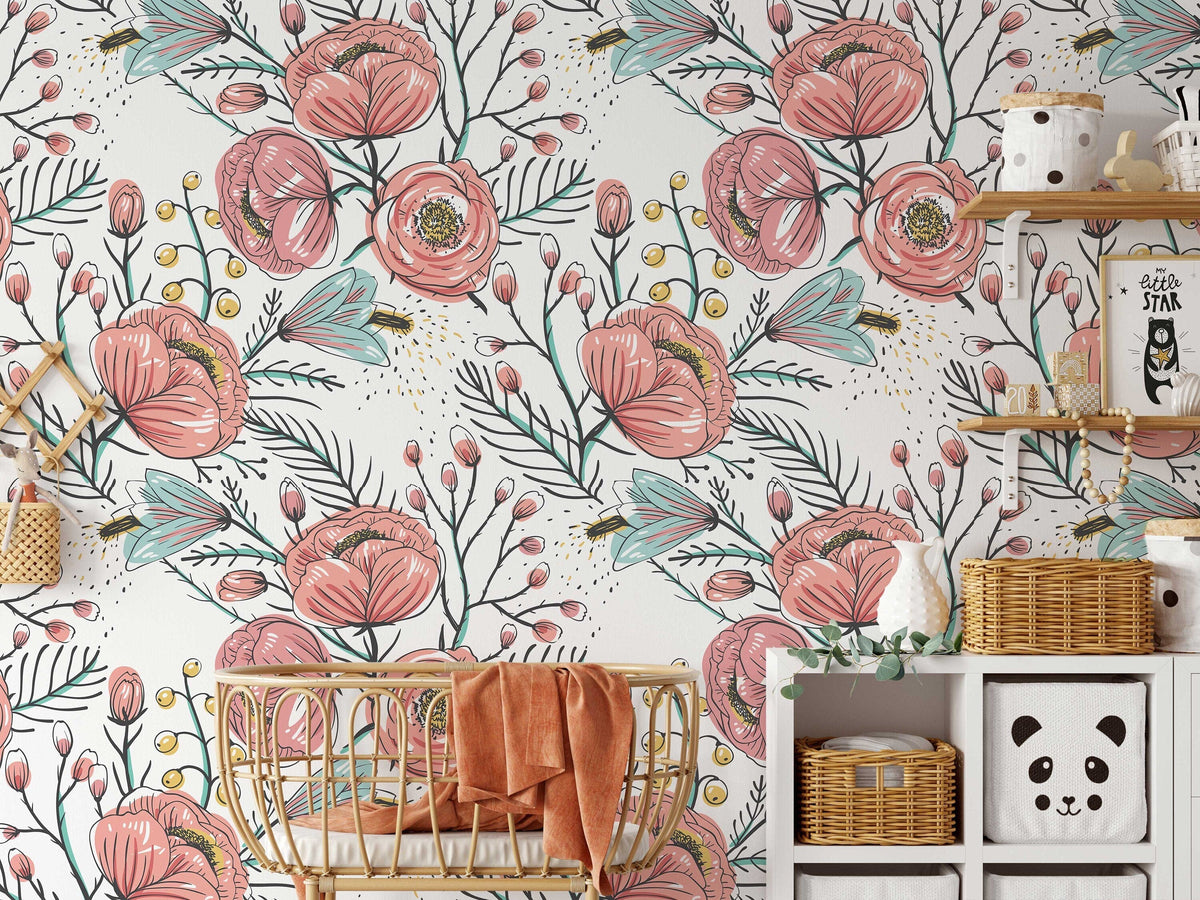 Anemone Fall Wallpaper | Floral Wall Mural | Poppy Flowers Wallpaper | Pink Wall Covering | Peel and Stick or Traditional