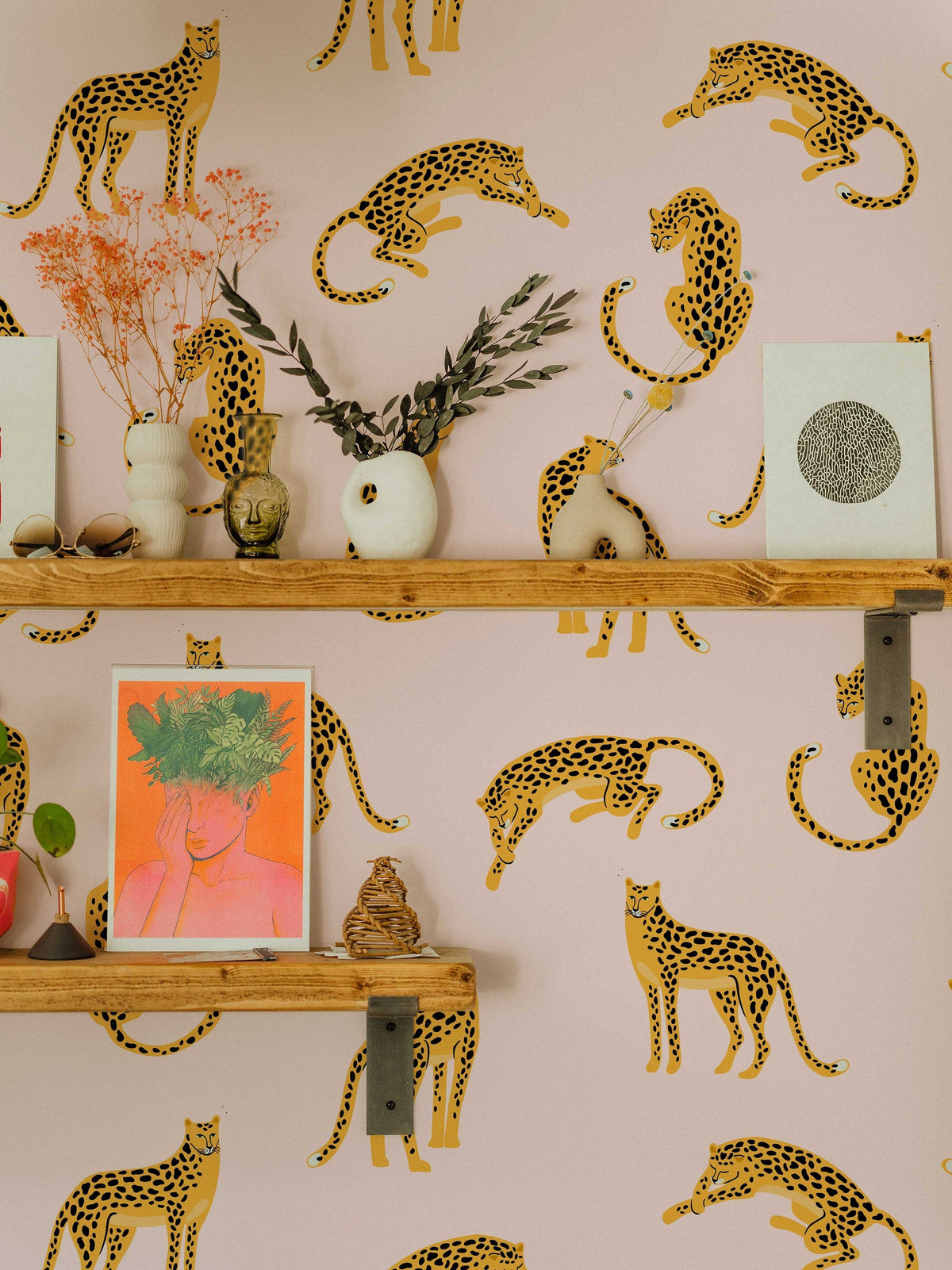 Leopards on Pink Background Wallpaper | Tropical Animal Wall Covering | Peel and Stick or Traditional
