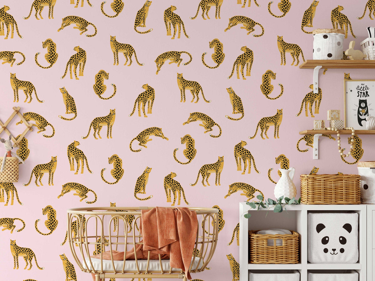 Leopards on Pink Background Wallpaper | Tropical Animal Wall Covering | Peel and Stick or Traditional