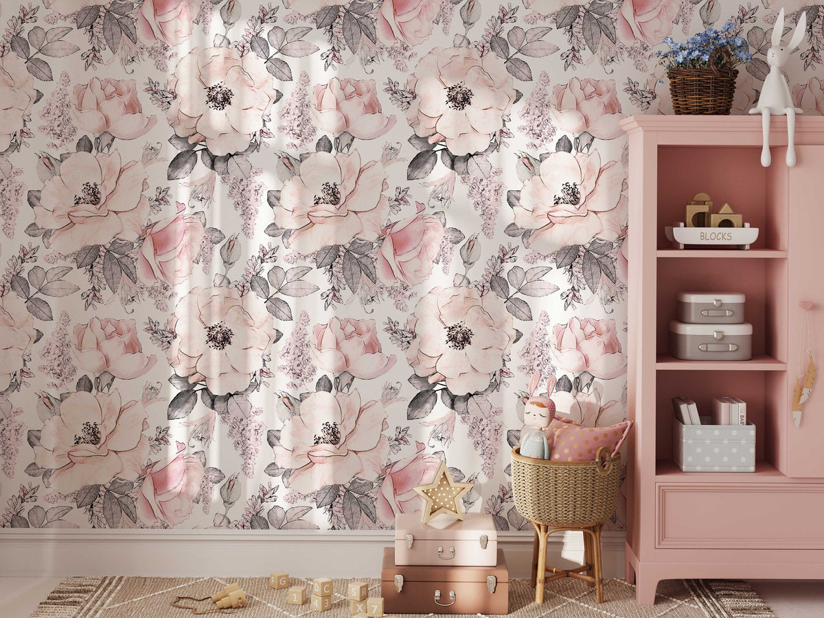 Soft Pink Abstract Roses Wallpaper | Floral Wallpaper | Watercolour Wallpaper | Flower Wallpaper Mural | Peel and Stick or Traditional