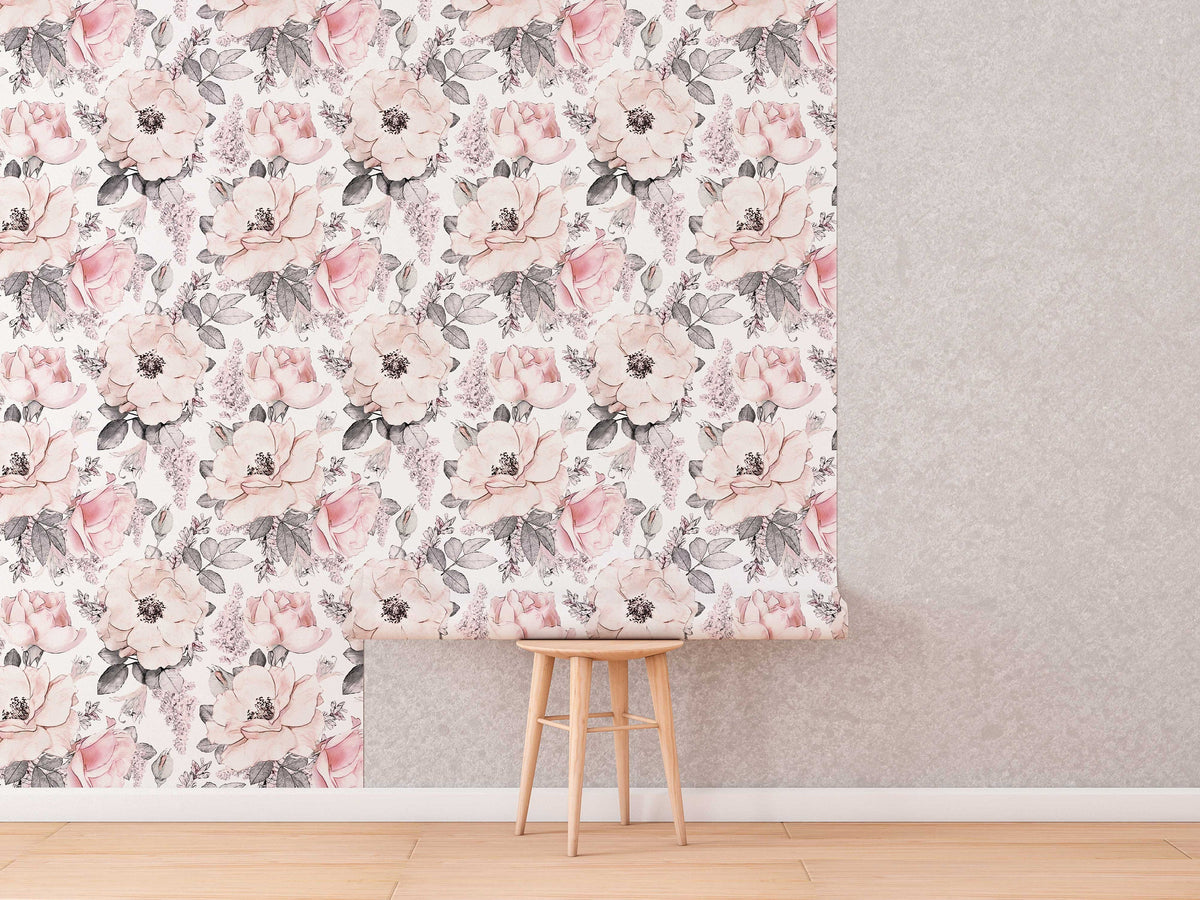 Soft Pink Abstract Roses Wallpaper | Floral Wallpaper | Watercolour Wallpaper | Flower Wallpaper Mural | Peel and Stick or Traditional