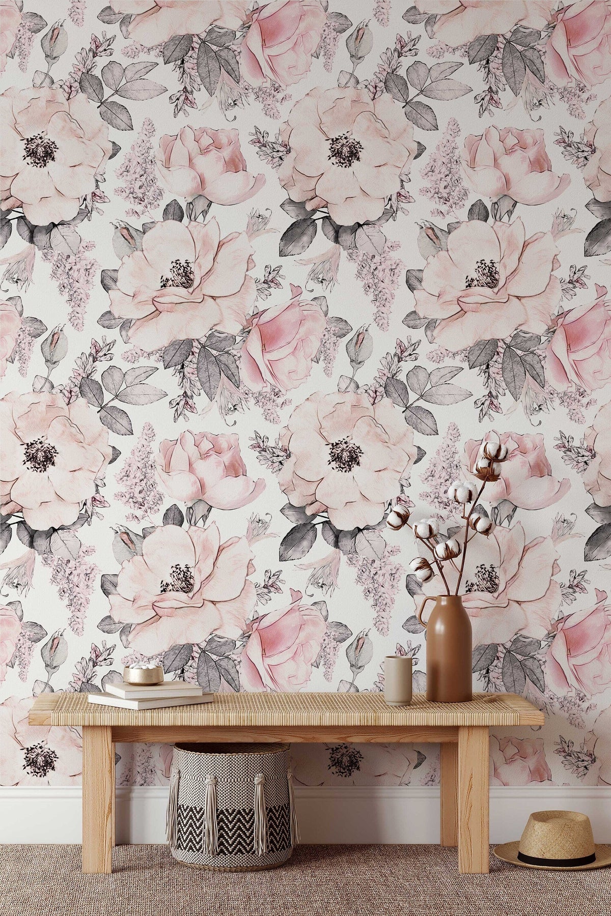 Soft Pink Abstract Roses Wallpaper | Floral Wallpaper | Watercolour Wallpaper | Flower Wallpaper Mural | Peel and Stick or Traditional