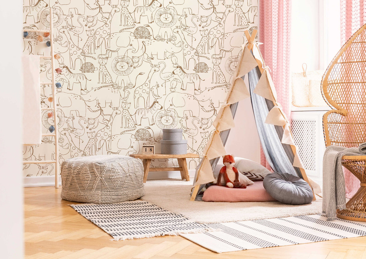 Cute Hand Drawing Safari Animals Wallpaper | Brown Line Drawing Kids Wall Mural | Nursery Cartoon Animals Wallpaper | Peel and Stick or Traditional