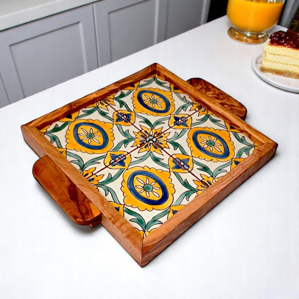 Olive Wood Square Olive Wood Ceramic Tray with Handle 20cm * 20cm