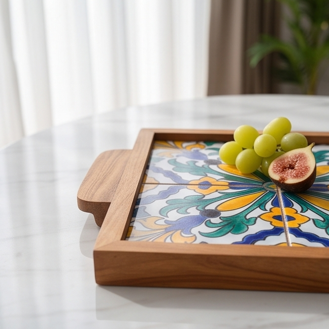 Olive Wood Square Olive Wood Ceramic Tray with Handle 20cm * 20cm