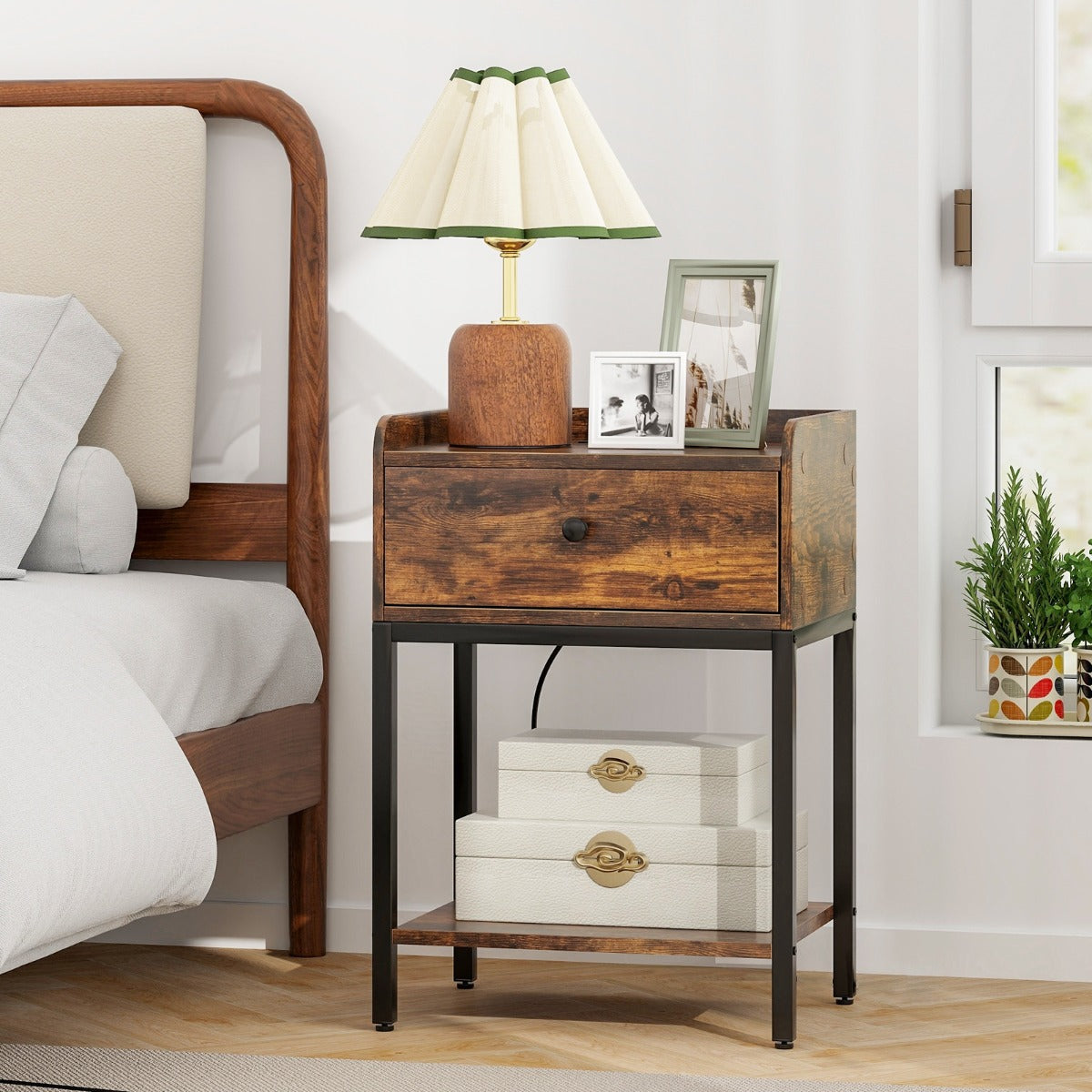 Nightstand with Charging Station Storage Drawer and Open Shelf-Rustic Brown
