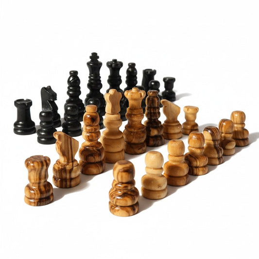 Hand-Carved Olive Wood Chess Pieces Set (32 Pcs) – Dual-Tone Natural & Black Wood Replacement Chessmen – Artisan Board Game Accessories & Gift for Chess Lovers