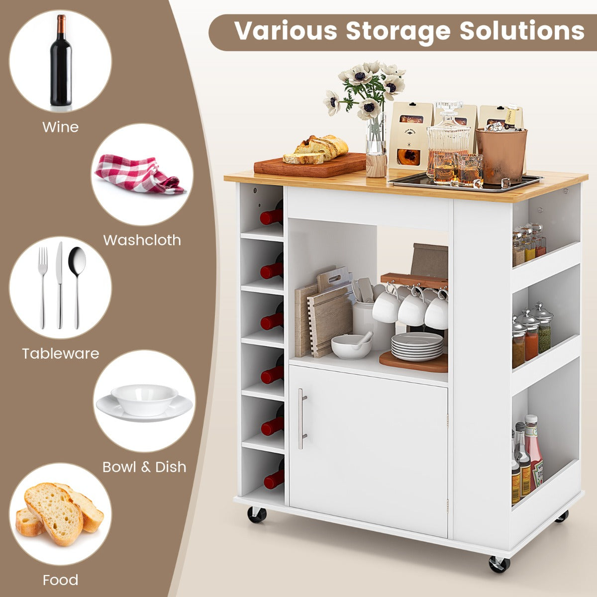 Rolling Kitchen Island with Storage and Towel Rack-Black
