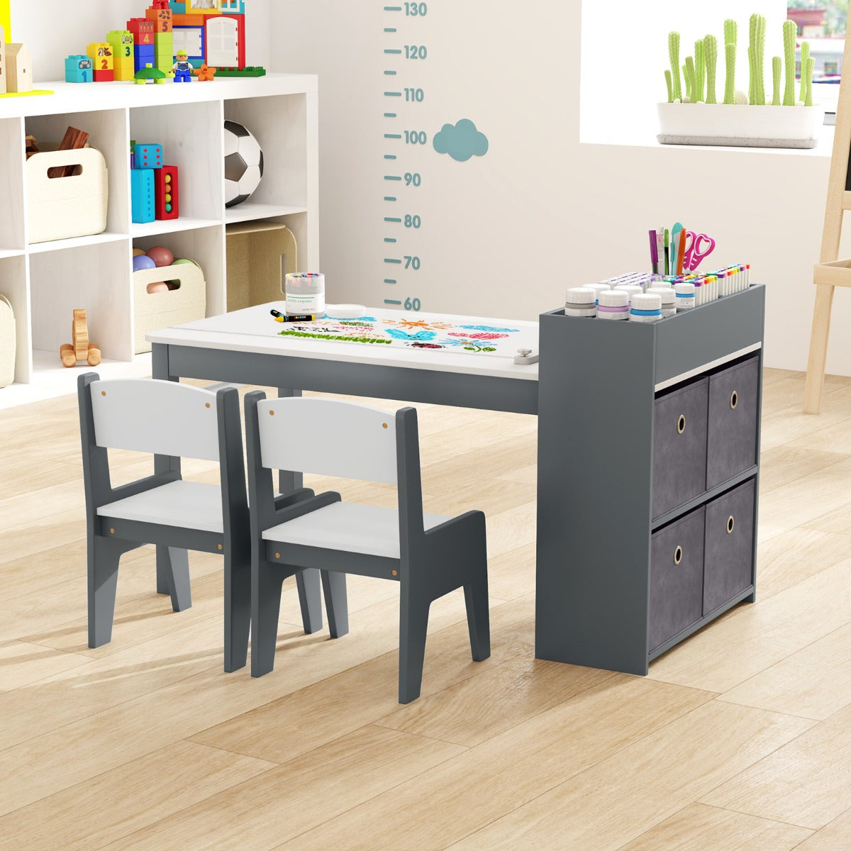 Kids Art Table and Chairs Set with Paper Roll and Storage Shelves-Grey