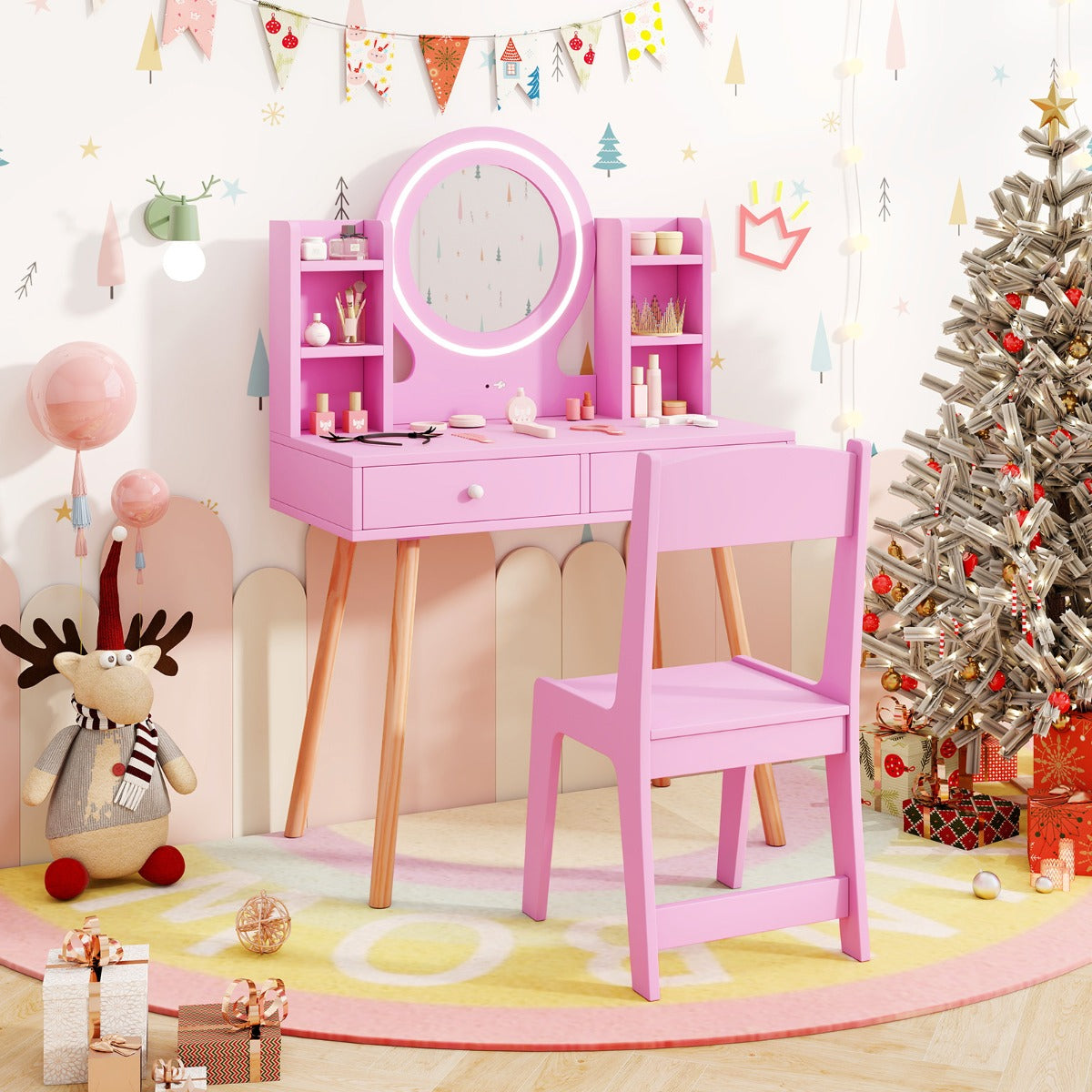 Kids Princess Vanity Desk Set with 2-Color LED Lighted Acrylic Mirror-Pink