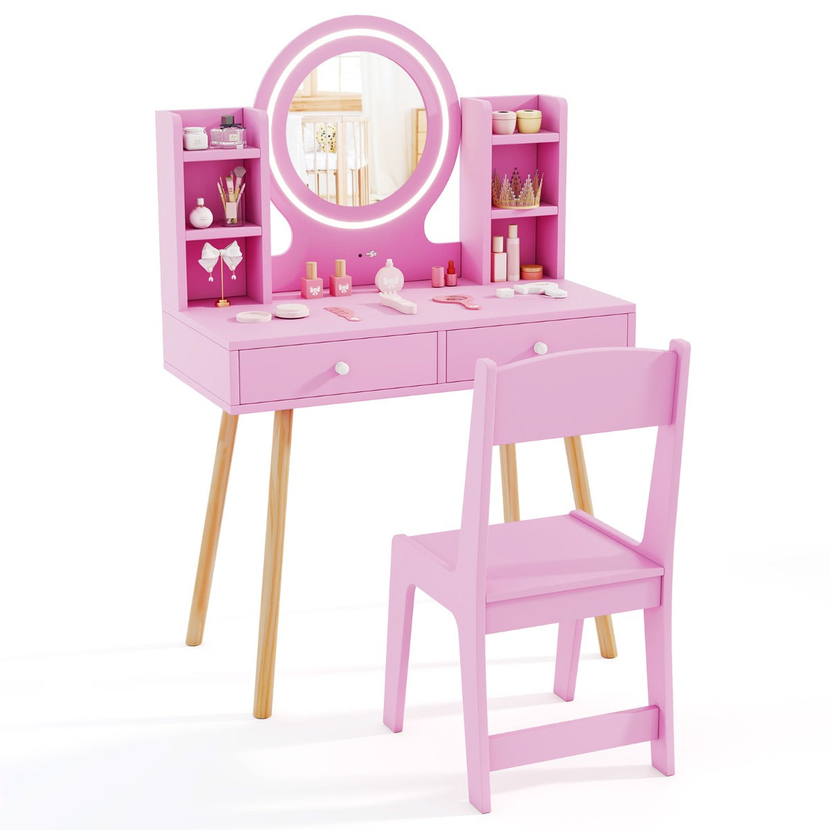 Kids Princess Vanity Desk Set with 2-Color LED Lighted Acrylic Mirror-Pink