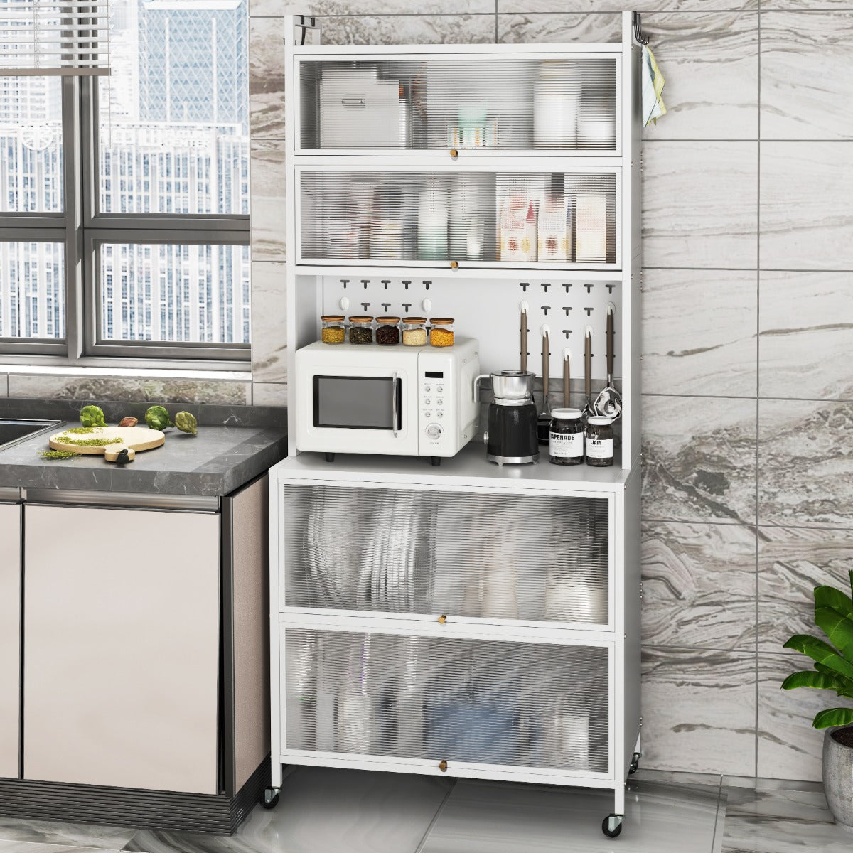 6-Tier Kitchen Pantry Cabinet Buffet Cabinet with Hutch-Black