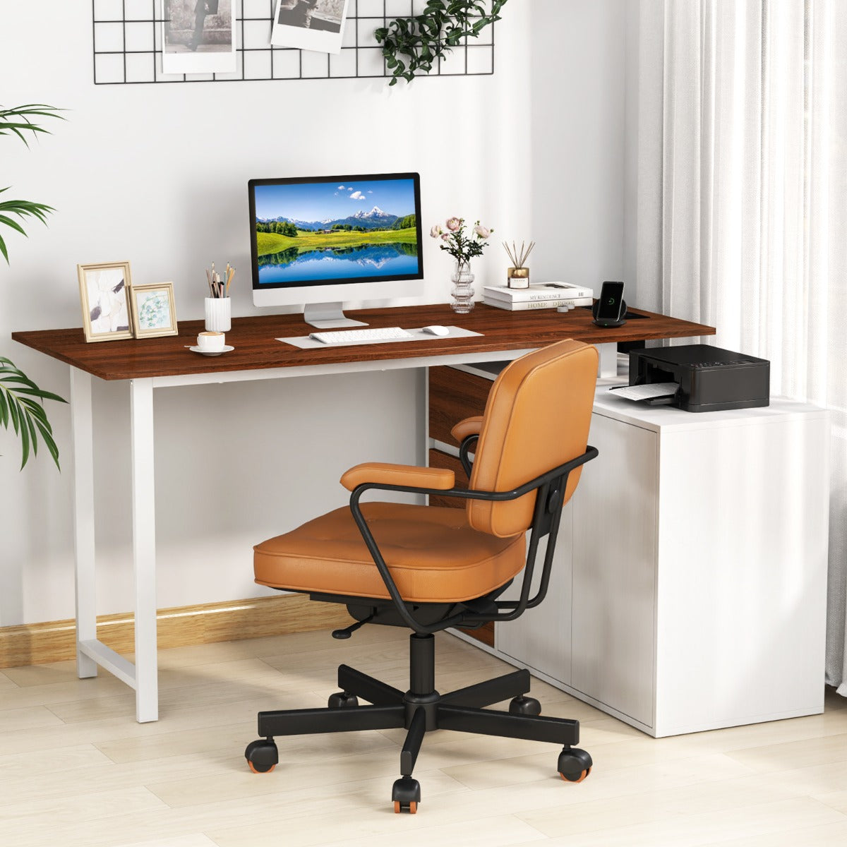 L-Shaped Desk with File Cabinet and Power Outlet-Black and Brown