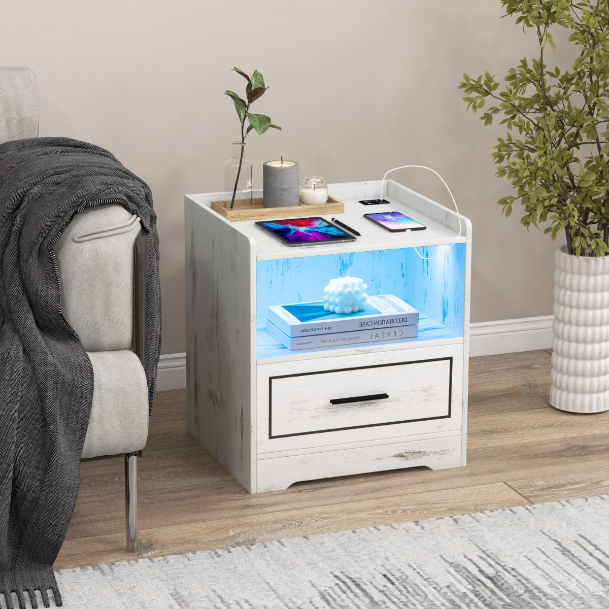 LED Nightstand with USB and Type-C Port-Black