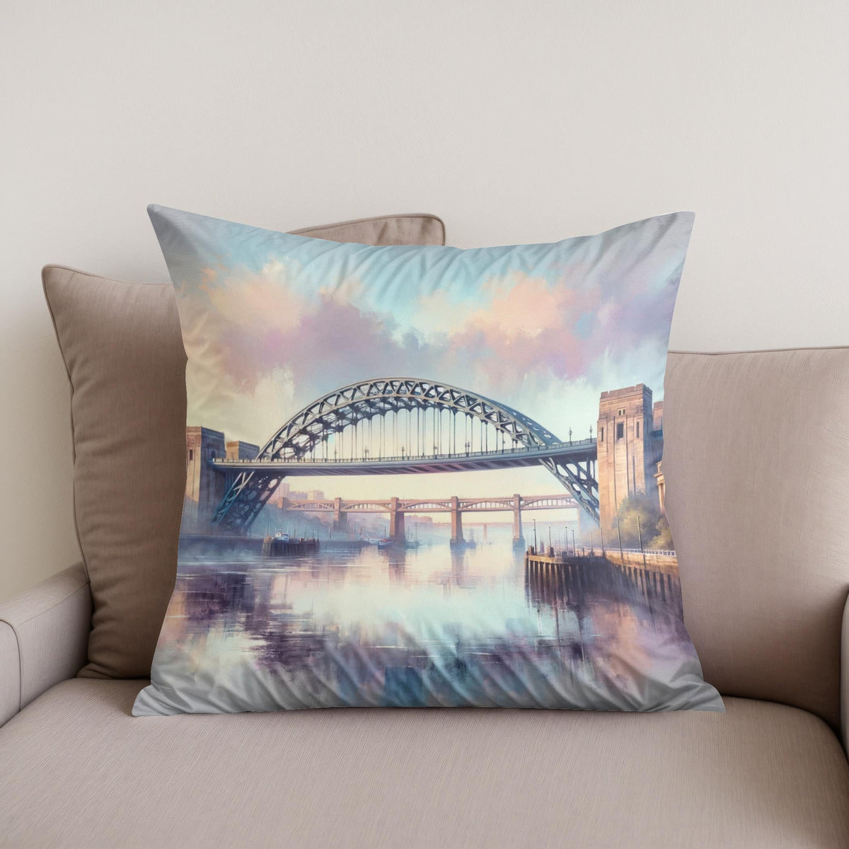 Newcastle Tyne Bridge Dawn Cotton Cushion