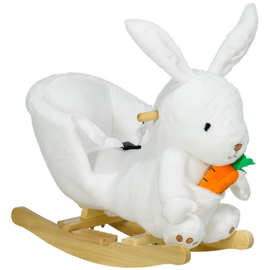 HOMCOM Kids Rabbit-Shaped Rocking Horse with Realistic Sounds Safety Belt  White