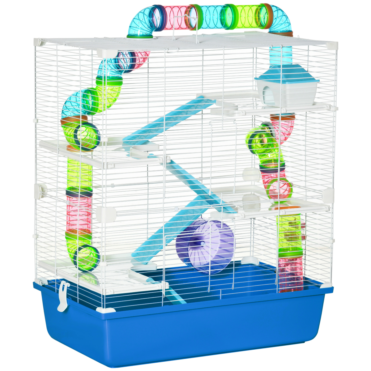 Five-Level Hamster Cage w/ Tubes, Water Bottle, Exercise Wheel, Ramps - Blue