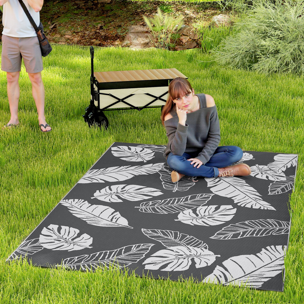 Outsunny Reversible Waterproof Outdoor Rug W/ Carry Bag, 182 x 274cm, Grey