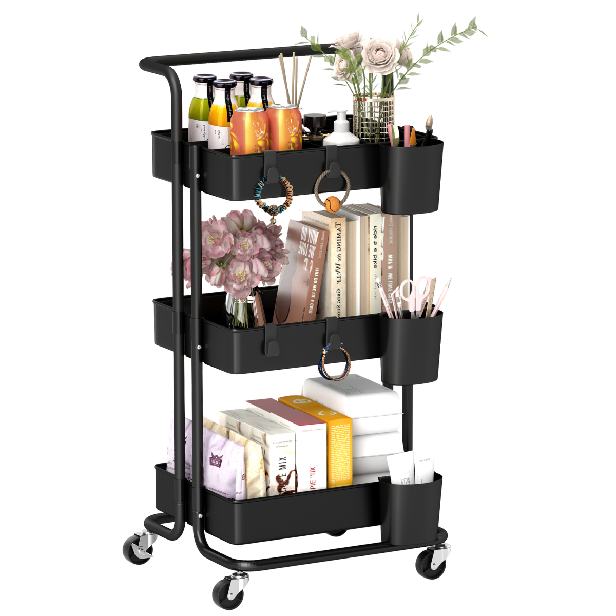3-Tier Utility Cart, Serving Trolley with Mesh Baskets Removable Boxes, Black