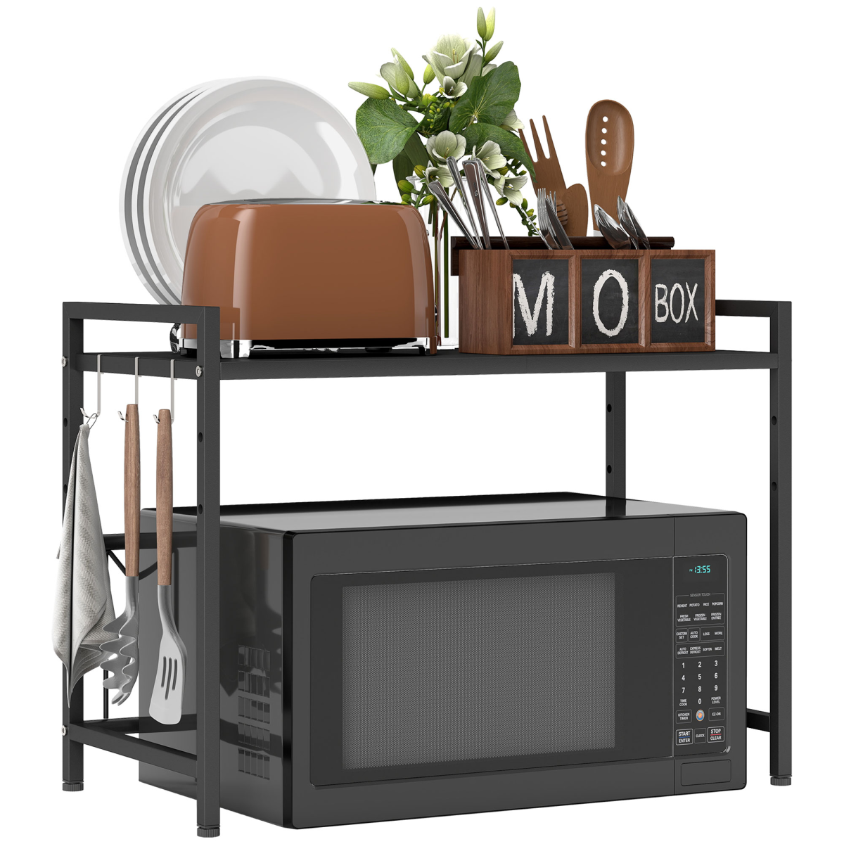 HOMCOM 2-Tier Expandable Microwave Oven Rack with 3 Hooks, Black