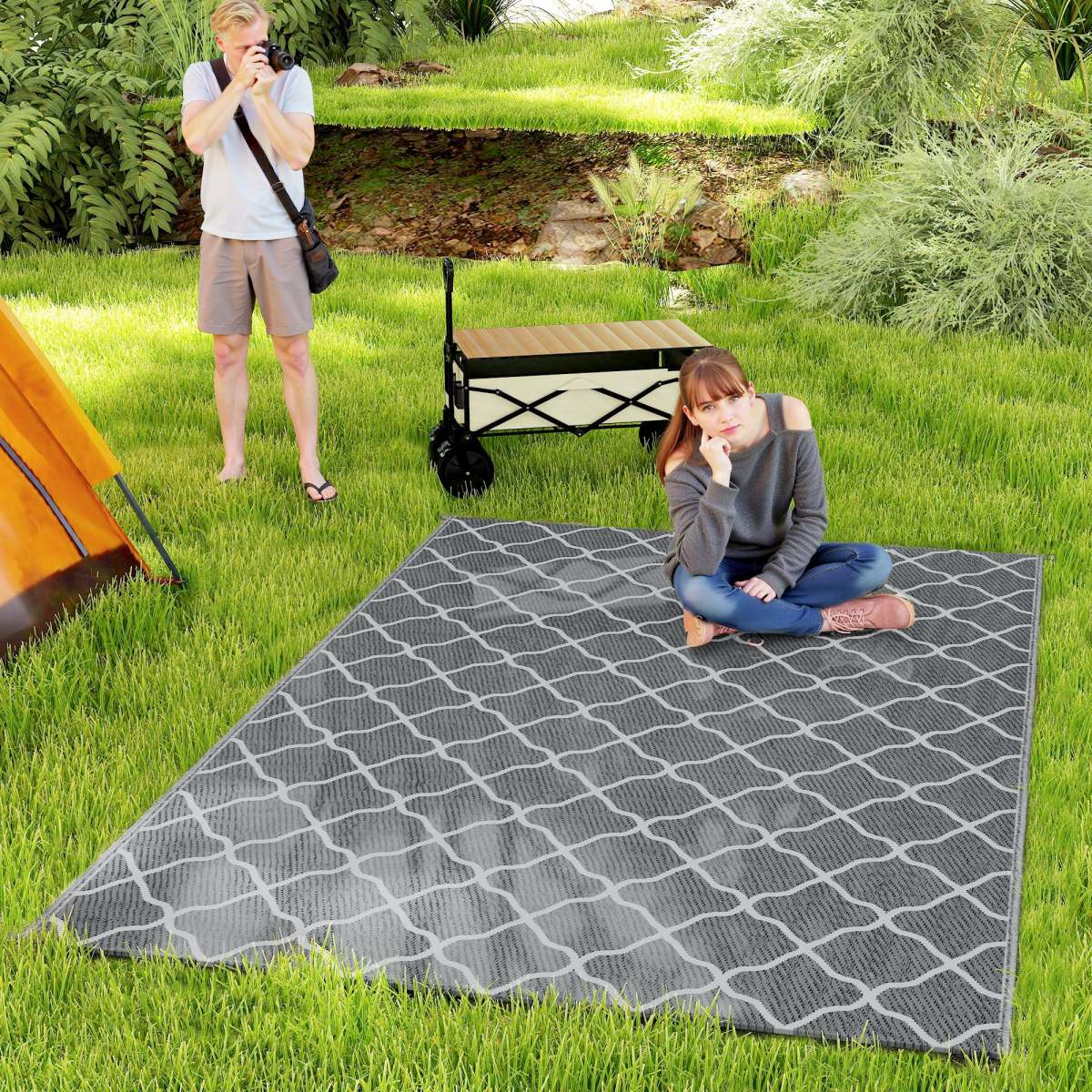 Reversible Outdoor Rug W/ Carry Bag for RV Camping Beach, 182 x 274 cm, Grey