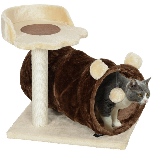 PawHut Cat Tree w/ Scratching Post, Bed, Cat Tunnel, Toy Ball, Dark Brown