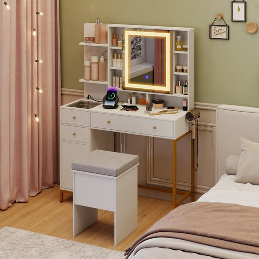 Makeup Vanity Desk with Lighted Mirror and LED Lights-White