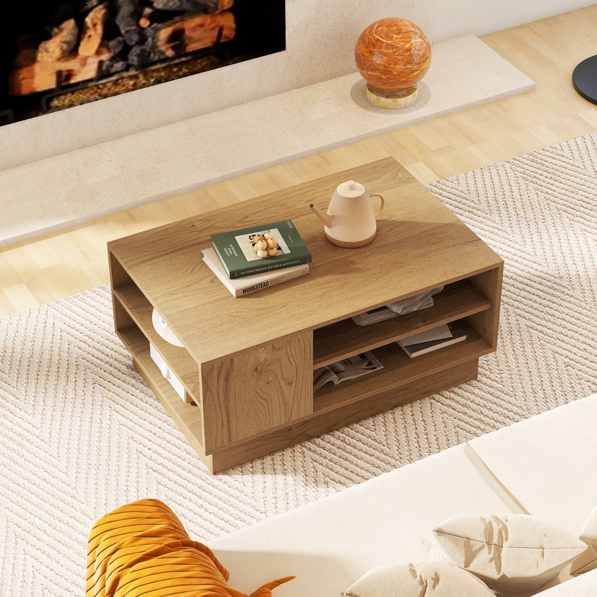 Modern Rectangle Coffee Table with 2-Tier Open Storage Shelves-White