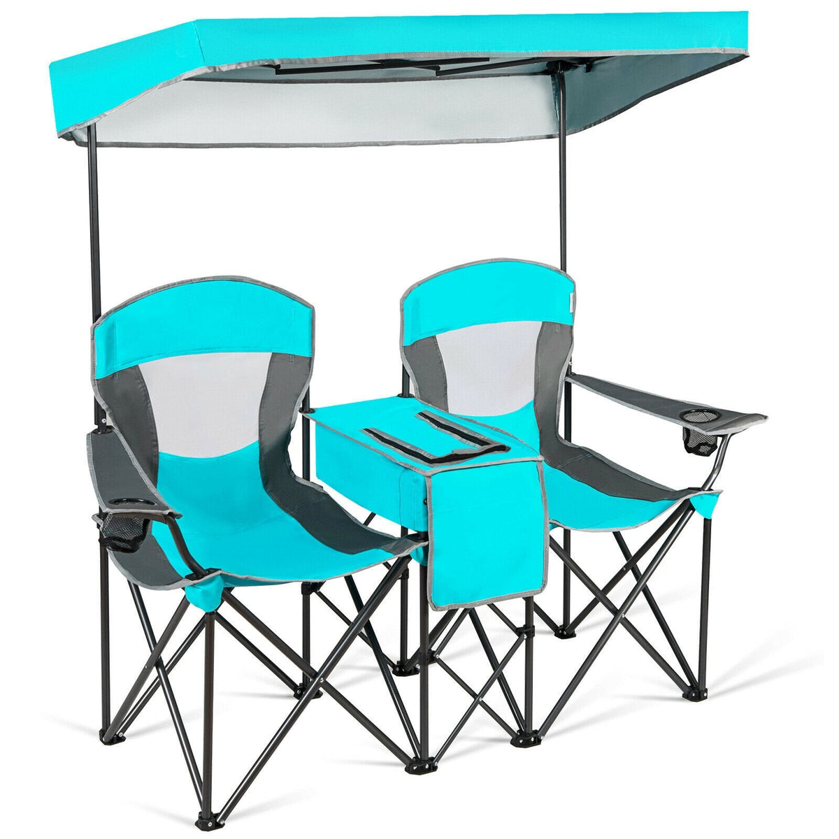 Double Folding Camping Chair with Canopy and Armrests-Blue