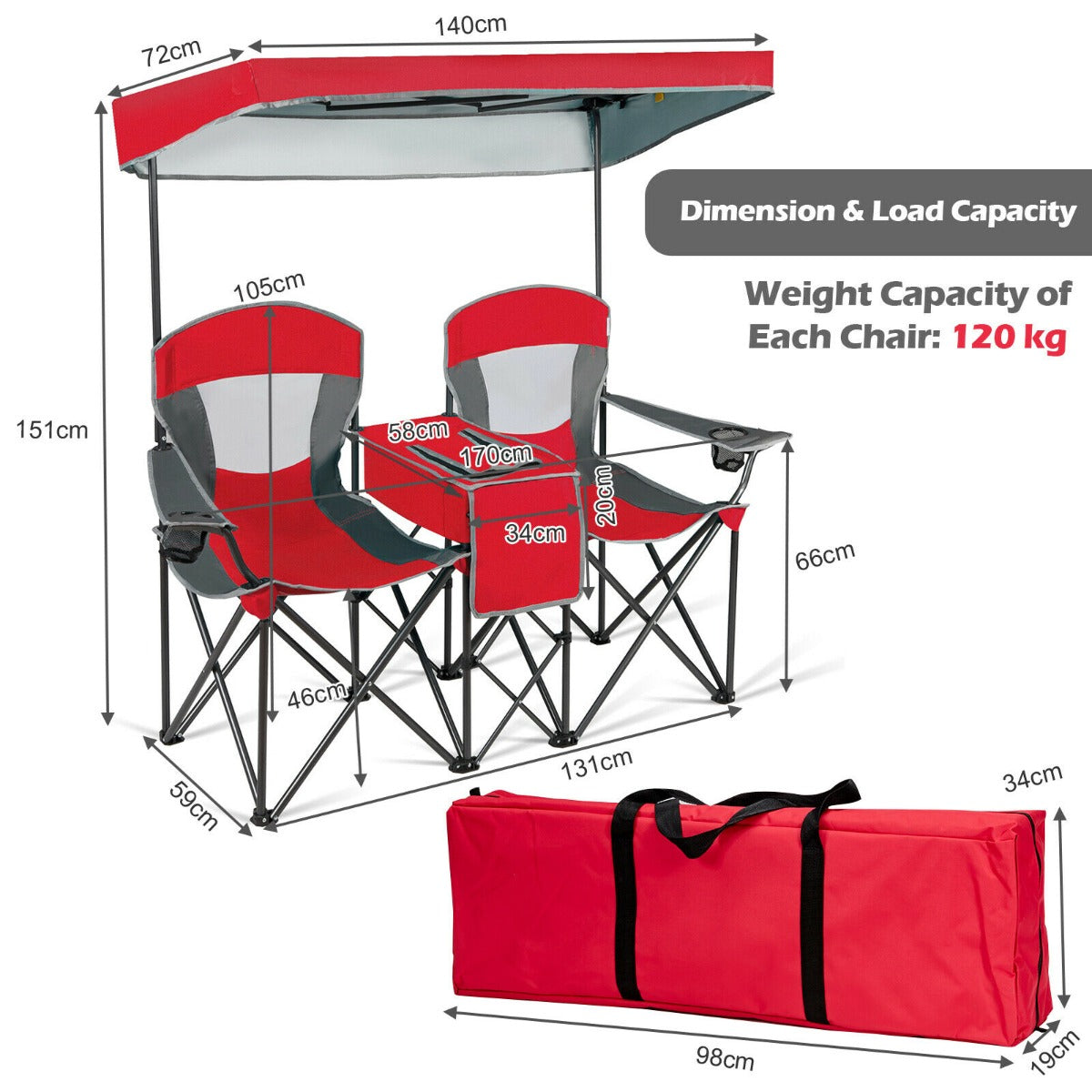 Double Folding Camping Chair with Canopy and Armrests-Blue